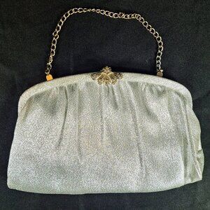 Silver Glitter Metallic Clutch Purse Evening Bag Chain Strap Gem Clasp Closure